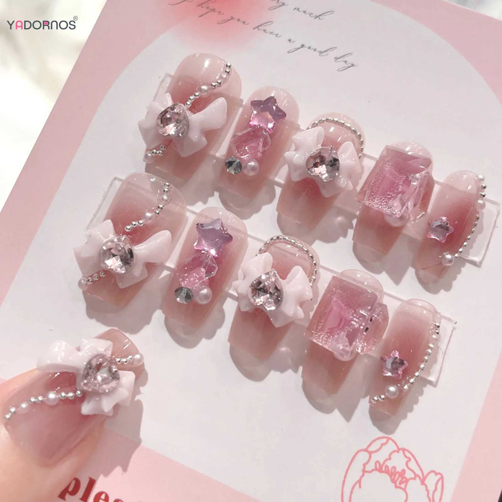 Powder blusher pink false nail bow knot diamond pearl 3D design pressing nail tip harmless smooth edge nail female DIY false nail W250410