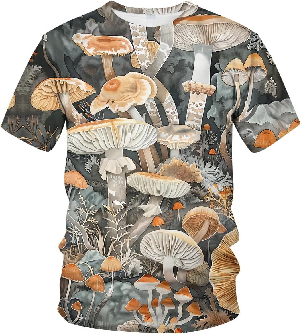 Mens T shirt Men's Colorful Fluorescence Mushroom Print Short Sleeve T-Shirt Novelty Graphic Tee Shirts tee Casual tops summer clothes