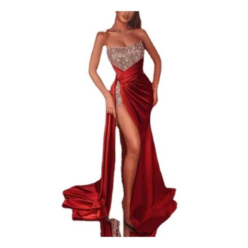 2025 Spring Summer Sequined Split plus-Sized Long Dress Sexy off-the-Shoulder Tube Top Large Swing Dress Evening Dress
