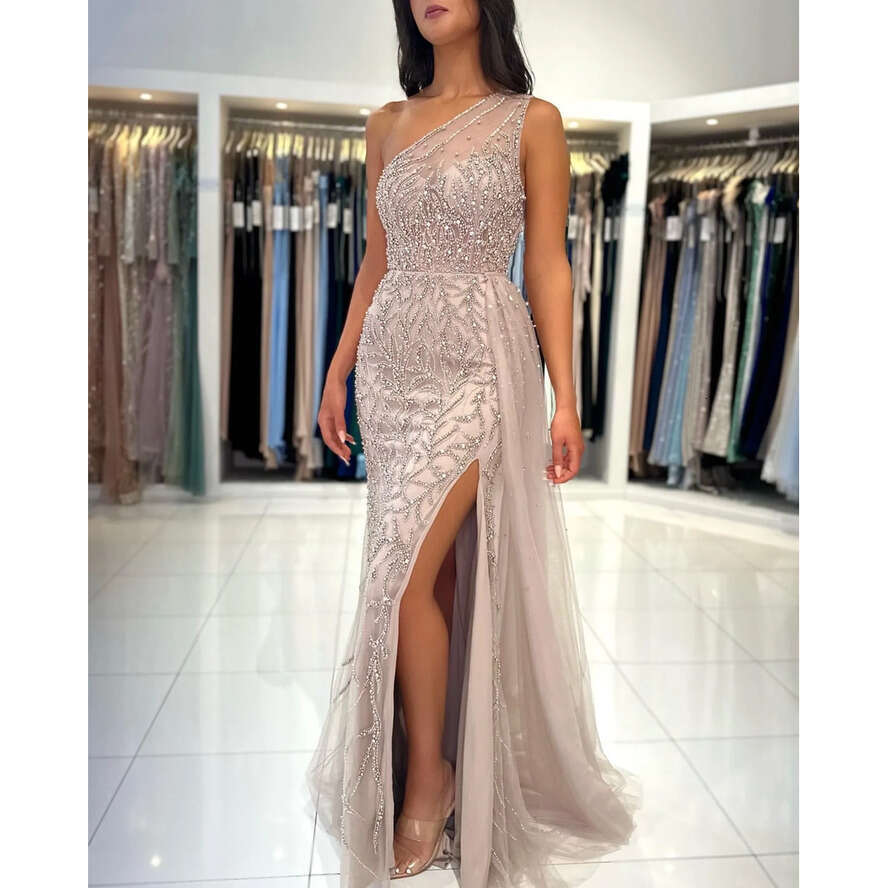 Crystal One Shoulder Mermaid Prom Dress Beading Formal Evening Elegant Split Dresses For Special Ocns Or Length Robe De Soiree Es