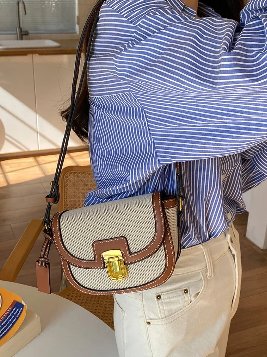Comparison Panel Canvas Retro Single Shoulder Cross Saddle Bag Handbag 241025