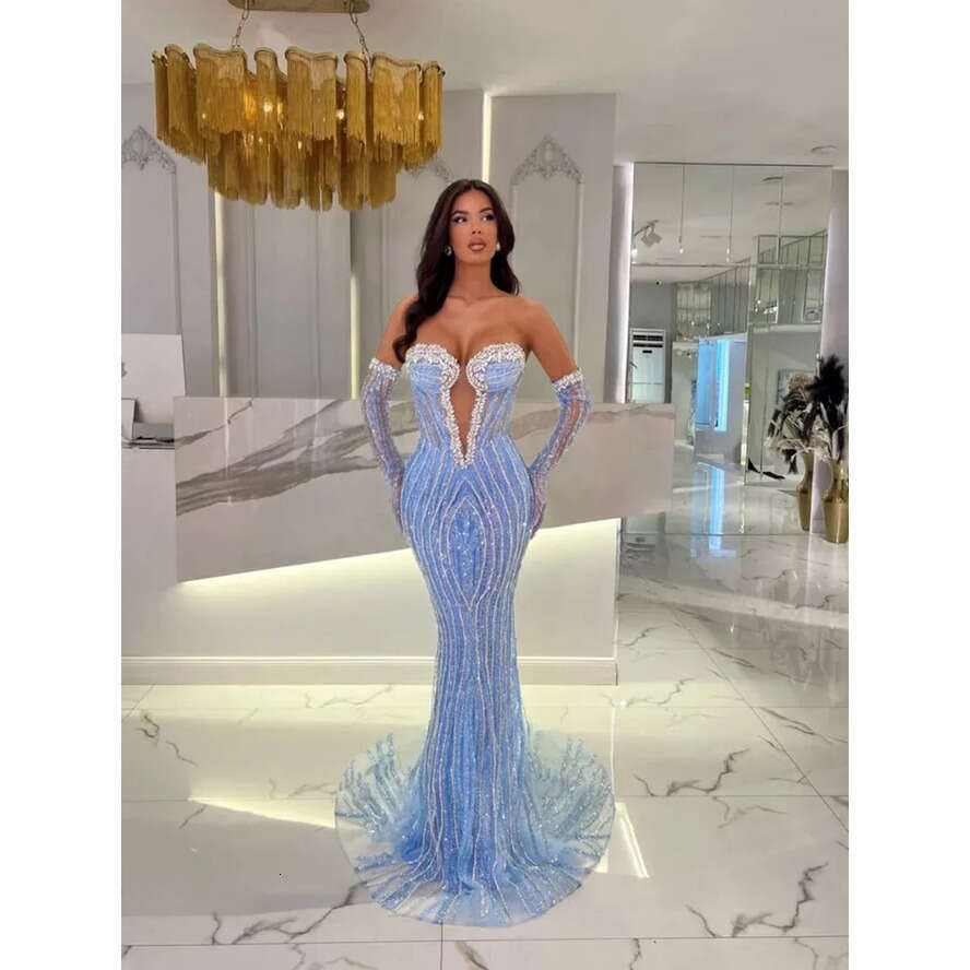 Crystal Baby Blue Mermaid Evening Elegant With Detachable Train Illusion Sweetheart Beaded Prom Dress Formal Dresses For Women Es