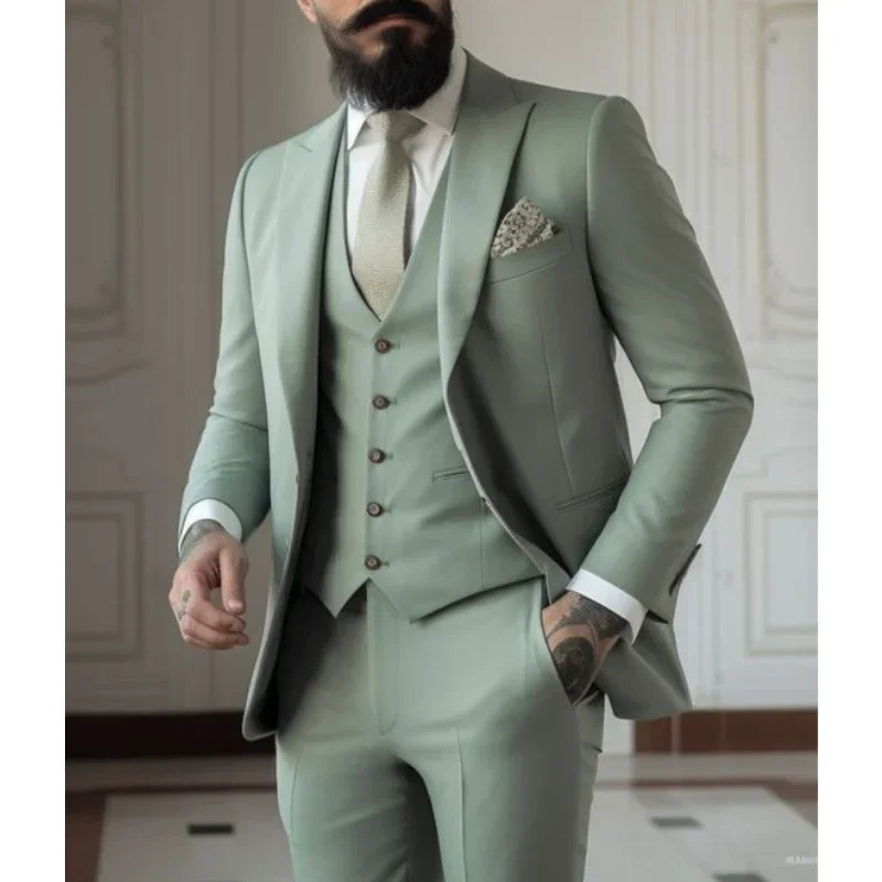 Light Green Suits Men 3 Pieces Wedding Wear Business Male Groom Dress Jacket Vest Pants Set Blazers Man Fahion 241025