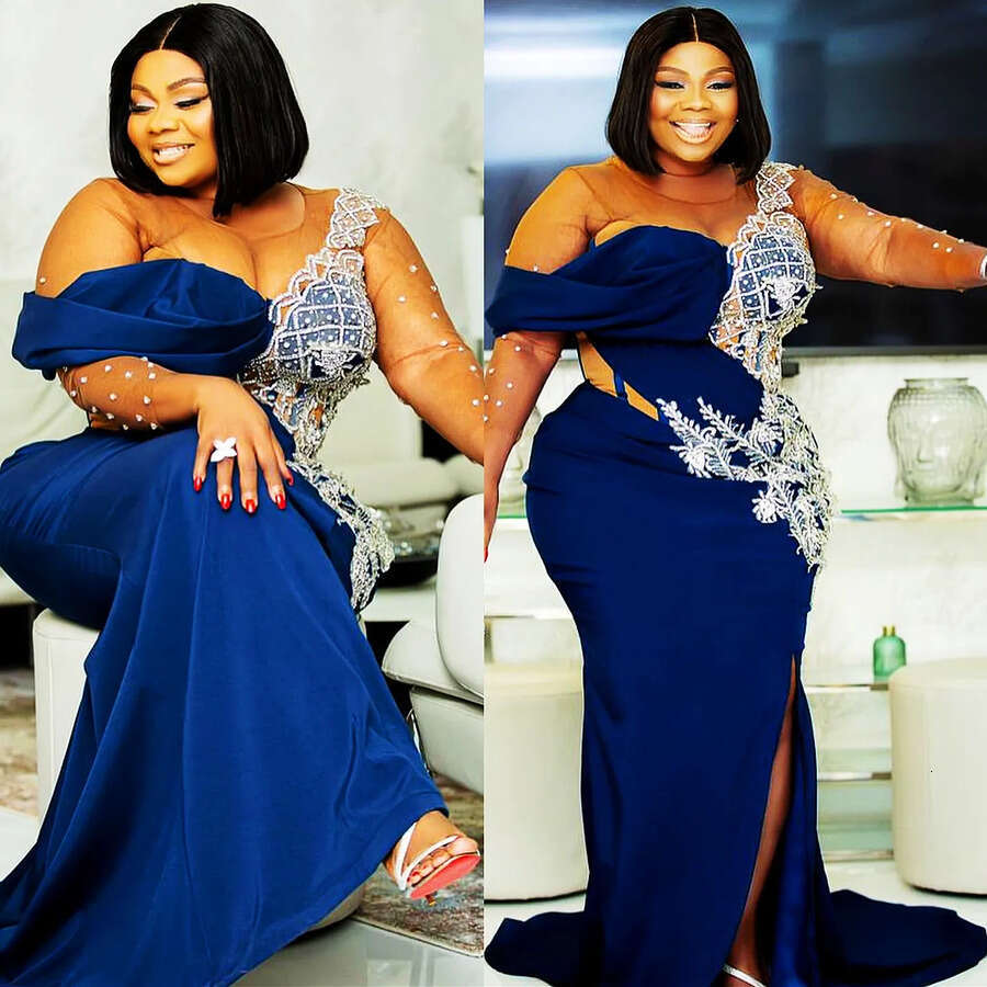 Aso Ebi Navy Blue Mermaid Prom Dress Lace Beaded Satin Evening Formal Party Second Reception Th Birthday Engagement Gowns Dresses Robe De Soiree ZJ Es