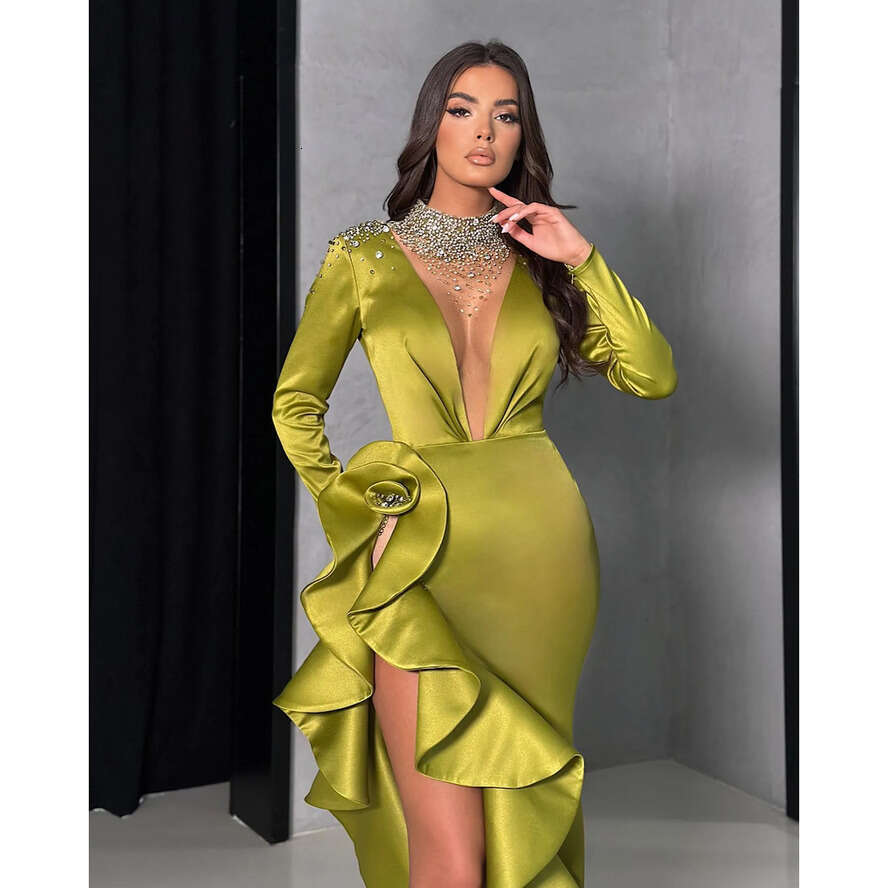 Green Mermaid Elegant Evening Beads Collar Illusion V Neck Formal Party Prom Dress Split Red Carpet Long Dresses For Special Ocn Es
