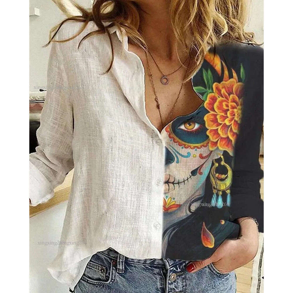 Women Casual Autumn Turn-down Collar Buttoned Skeleton Blouse Halloween Figure Print Colorblock Shirt 21302