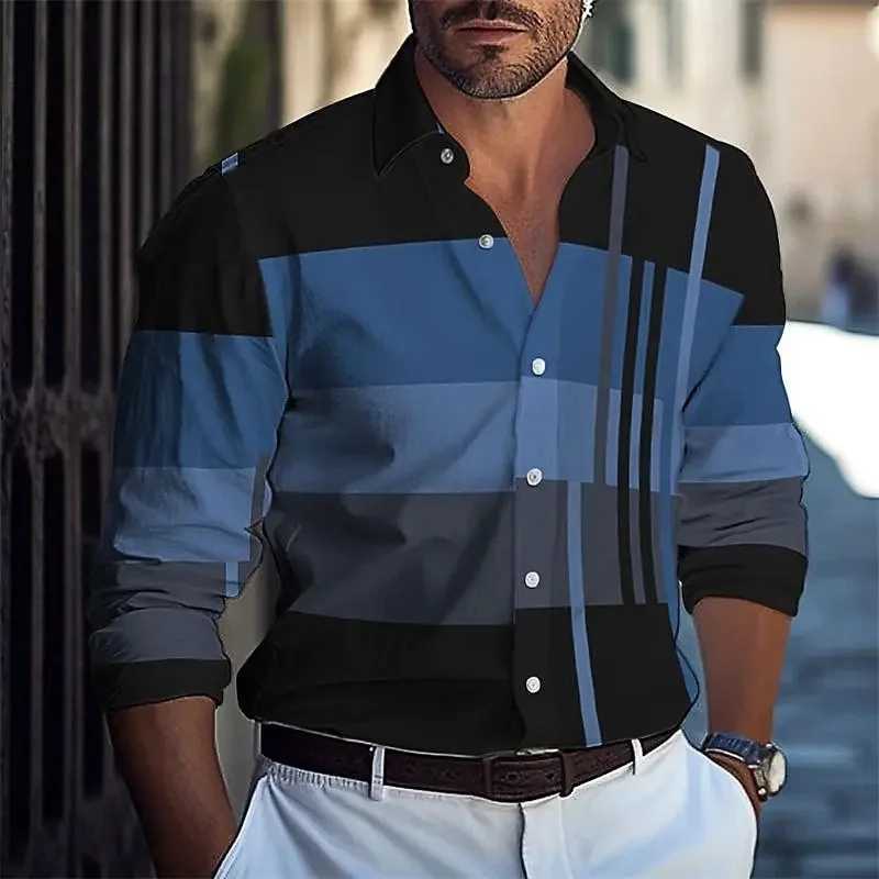 Summer mens casual business shirt with horizontal stripe print mens plus size lapel short sleeved four sided shirt W241026