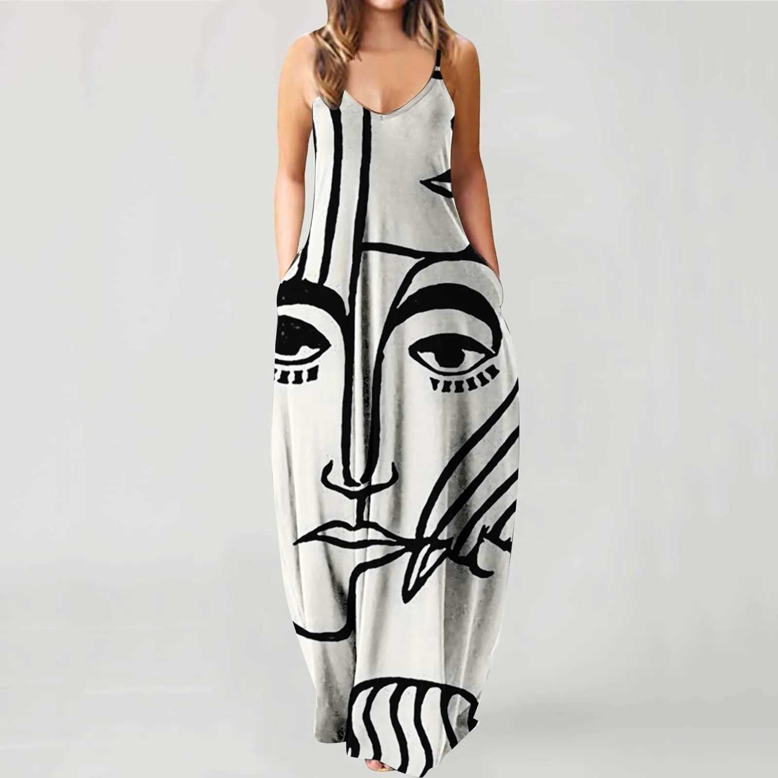 Pregnant womens summer strapless long dress abstract facial digital printing fashion suitable for street wear breathable W241026