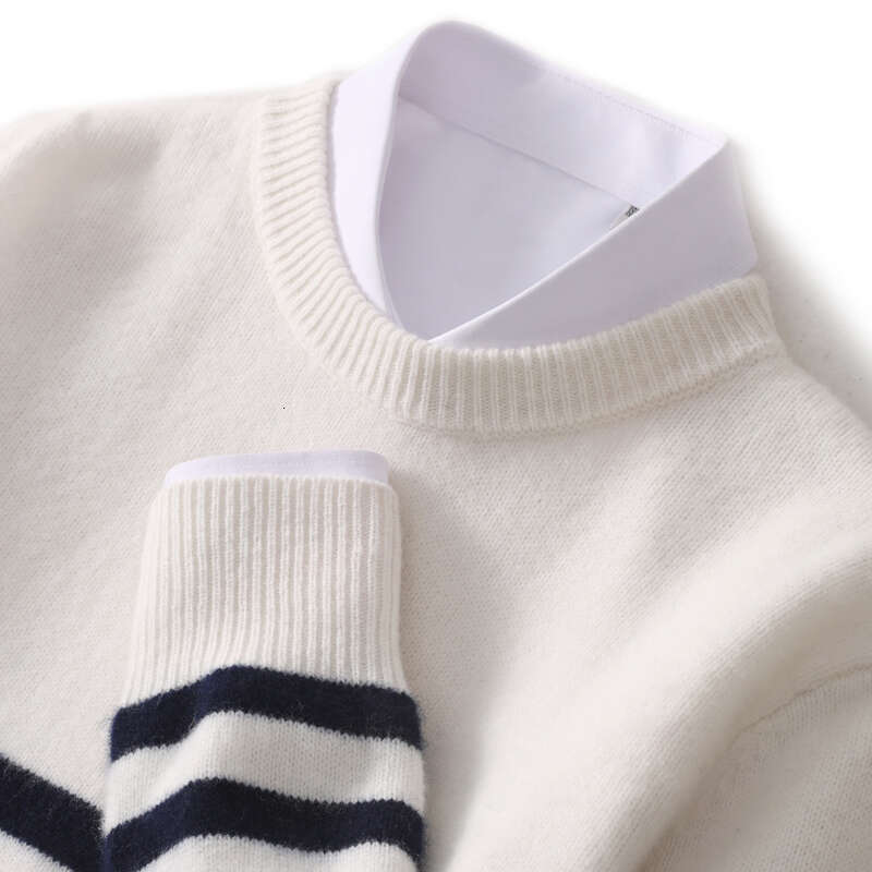 Men's 100% Merino Wool Sweater Autumn Winter Thickened Long Sleeve O-Neck Pullovers Loose Striped Knit Shirt Casual Warm Tops