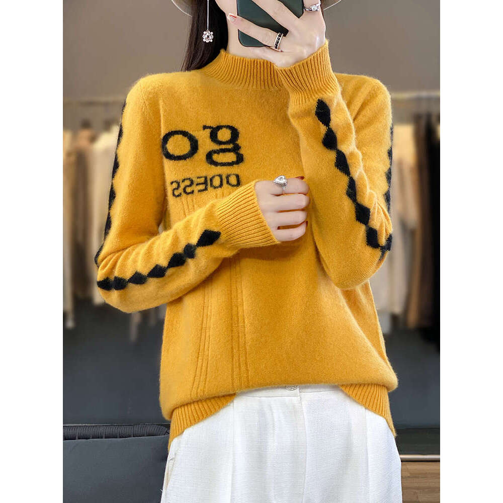 Long Sleeve Autumn Winter Sweater Half-High Collar Pullover 100% Merino Wool High Quality Cashmere Knitwear Korean Fashion Tops