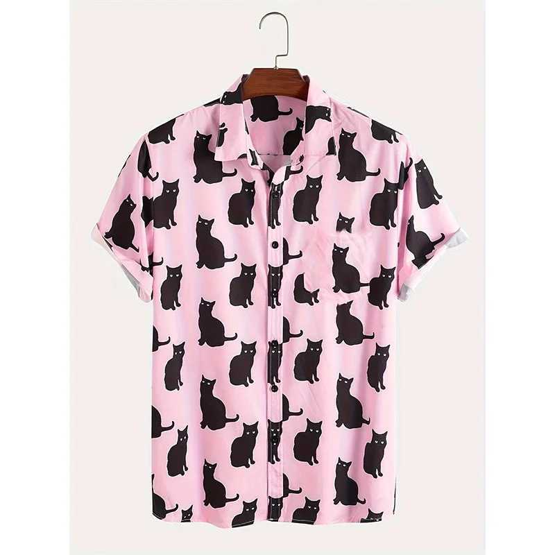 Summer Allover Cat Print Mens Casual Short Sleeve Haian Casual Button Collar Shirt Summer Mens Clothing W241026