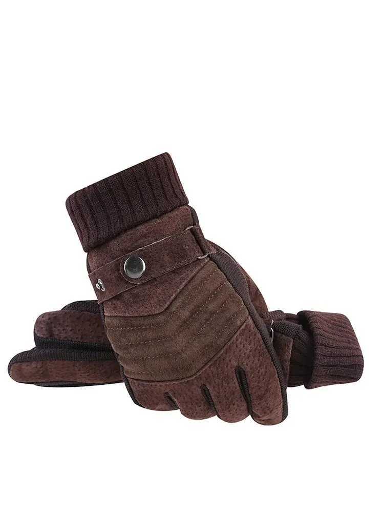 Mens winter bicycle windproof cold insulation warm leather touch screen anti slip thick pile W241026