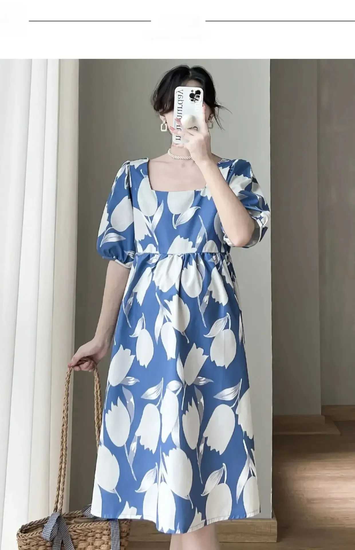 Fashion maternity dress Summer sleeve square neckline printed loose dress Summer Internet celebrity maternity dress W241026