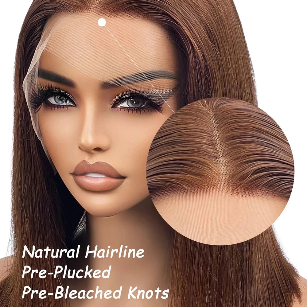 Density 4 Bone Straight Short Bob Human Hair Colored Chocolate Brown Transparent Lace Frontal Wig For Women