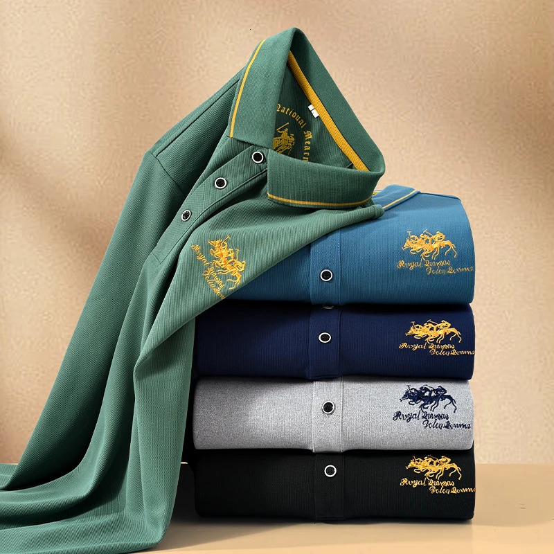 95Cotton Quality Mens Polo Shirt Autumn Exquisite Embroidery Long Sleeve Business Fashion Golf Men Clothing 241025