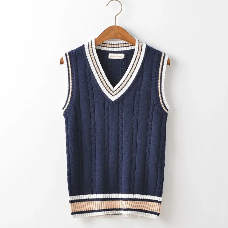 Sweater Vest Men Thicken Vneck Sleeveless Knitted Sweaters Vests Striped Retro Preppystyle Simple Chic Loose Casual Allmatch 241025