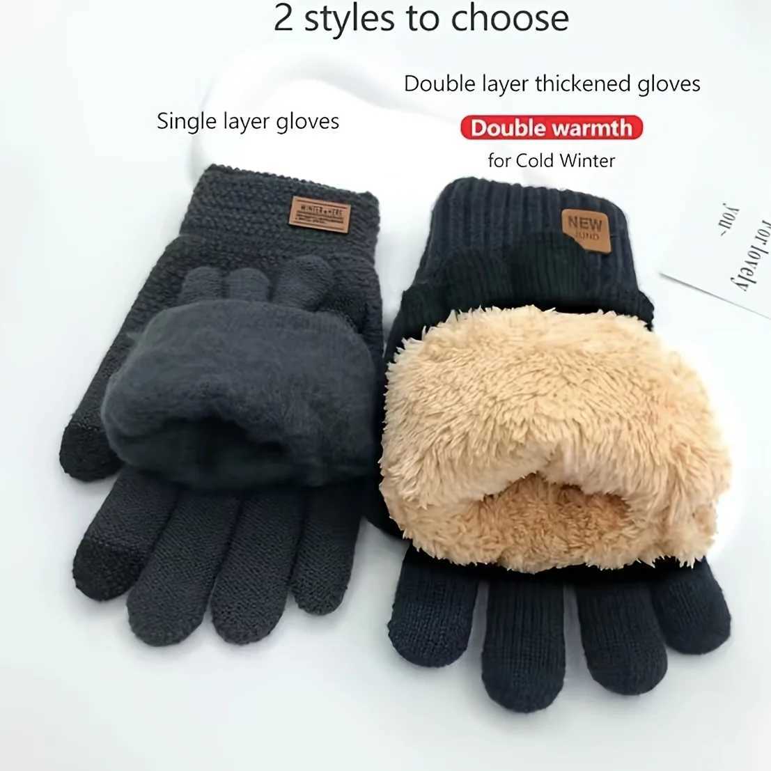 Wool lining fashionable and warm winter touch screen double-layer with thick velvet outdoor bicycle cold resistant solid color Gs W241026