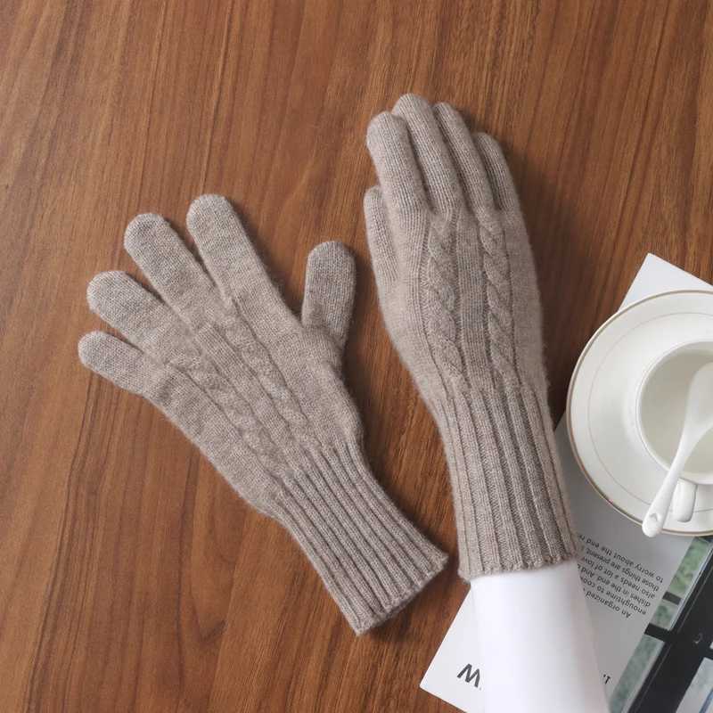 Womens wool cashmere Gs cable knitted touch screen with finger holes warm wrist length in winter and autumn classic Gs womens gloves W241026