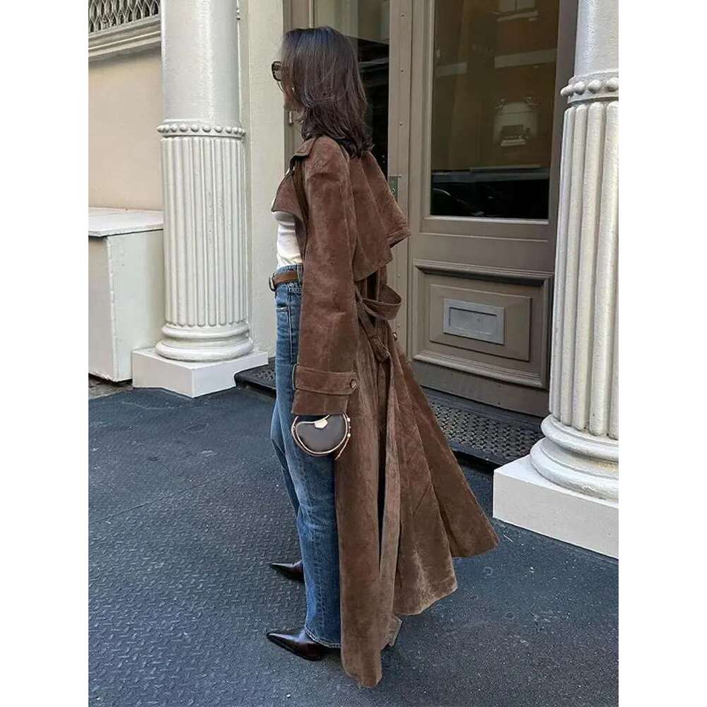 Women Khaki Faux Leather Long Coat With Belt Fashion Double-Breasted Lapel Oversize Overcoat Autumn Female High Street Outwear