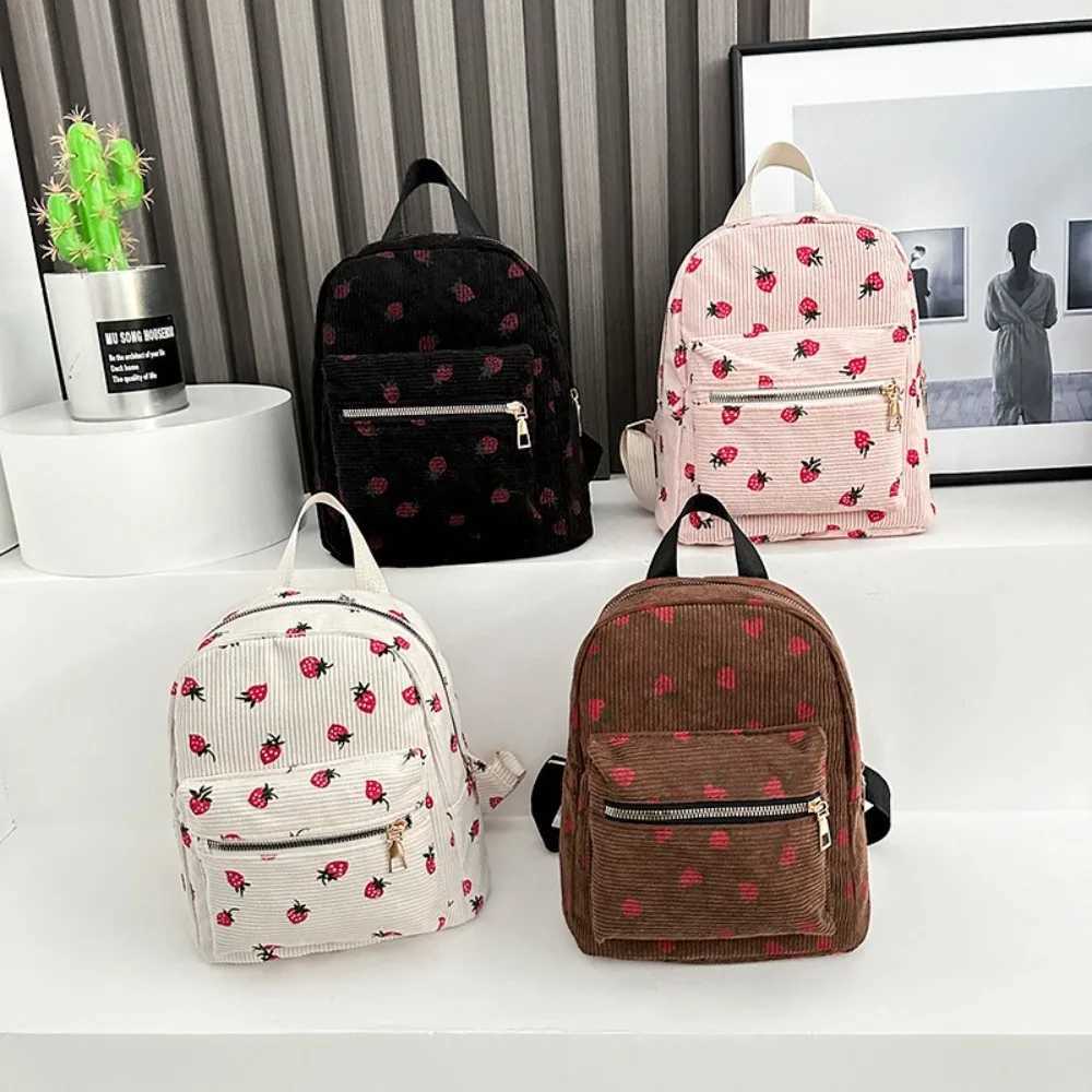 Corduroy Strawberry Backpack Large Capacity Multi-pockets Travel Backpack Strawberry Pattern Adjustable Strap Daily RucksackXJ241026
