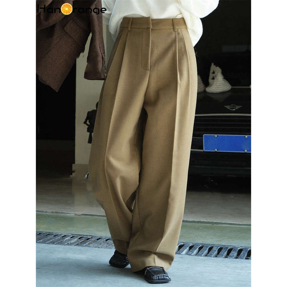 Hanorange 2024 Autumn Winter Simple High Waist Double Pleated Wide Leg Pants Women Loose Casual Trousers Female White/Brown