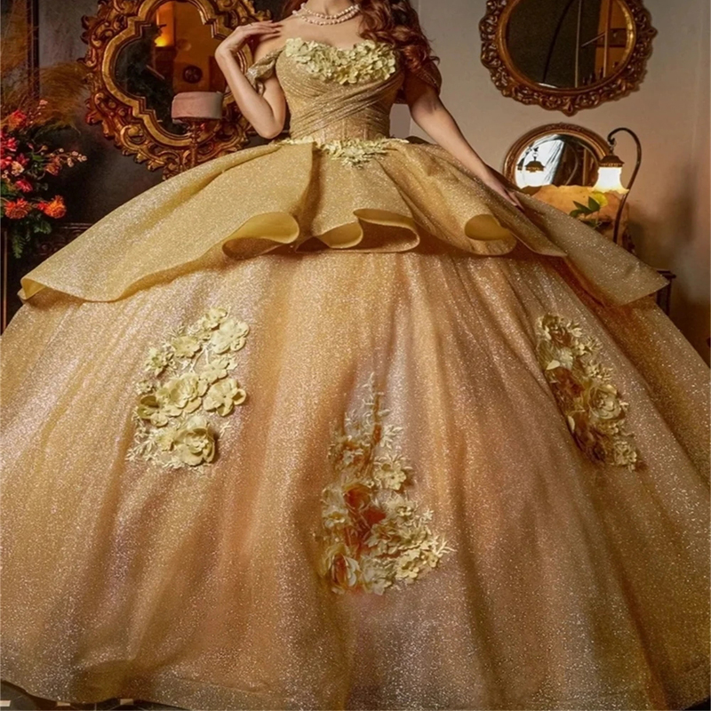 Gold Sparkle Princess Quinceanera Dresses Ball Gown Off The Shoulder Flower Appliques Beads Tull Party Birthday Vestido De 15 Anos Sweet 16 Dress
