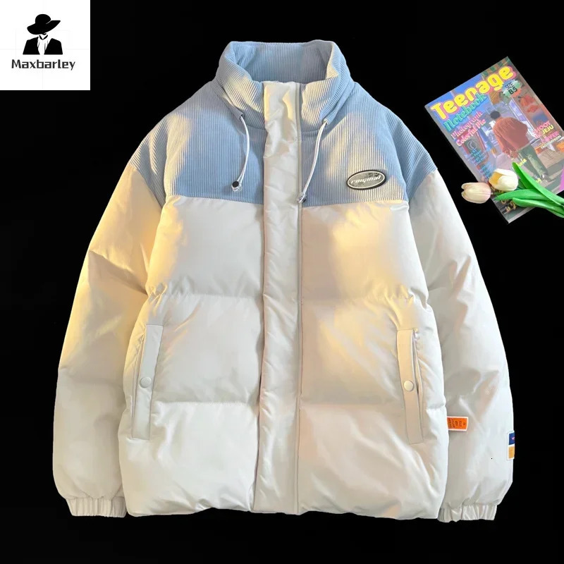 2024 Winter Jacket Mens Harajuku Corduroy Stitching Thickened Warm Parka Japanese Style Street Coldproof Padded Coat Ski 241025