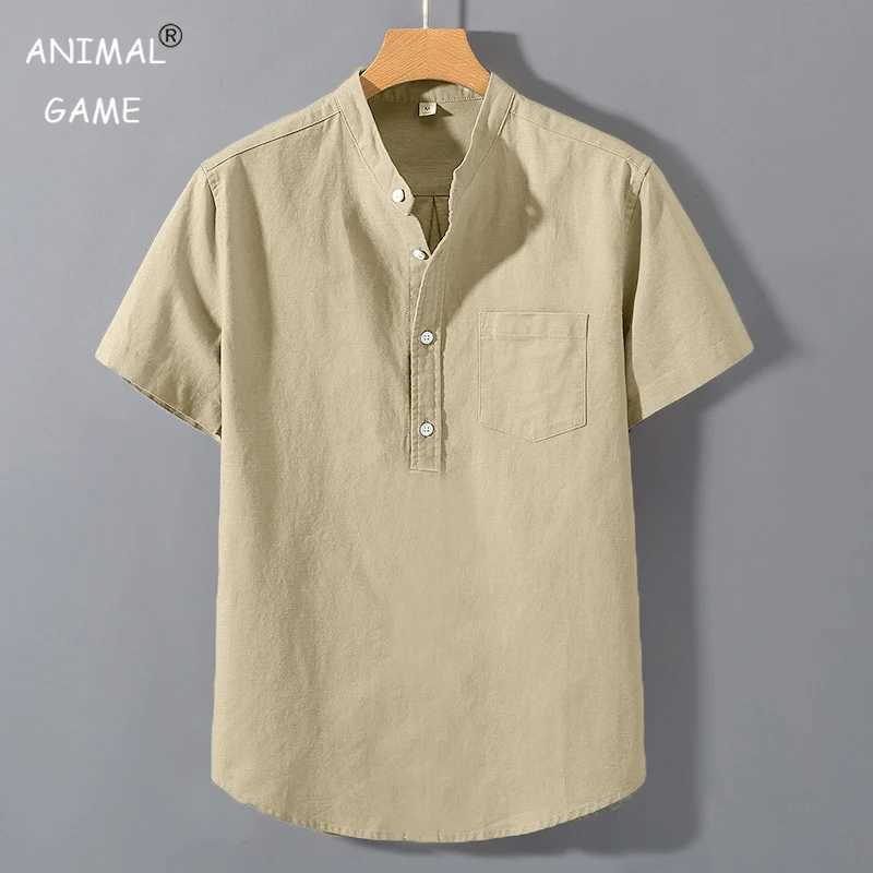 Summer stand up collar solid color short sleeved Slve cotton shirt fashionable breathable loose youth basic pocket top W241026