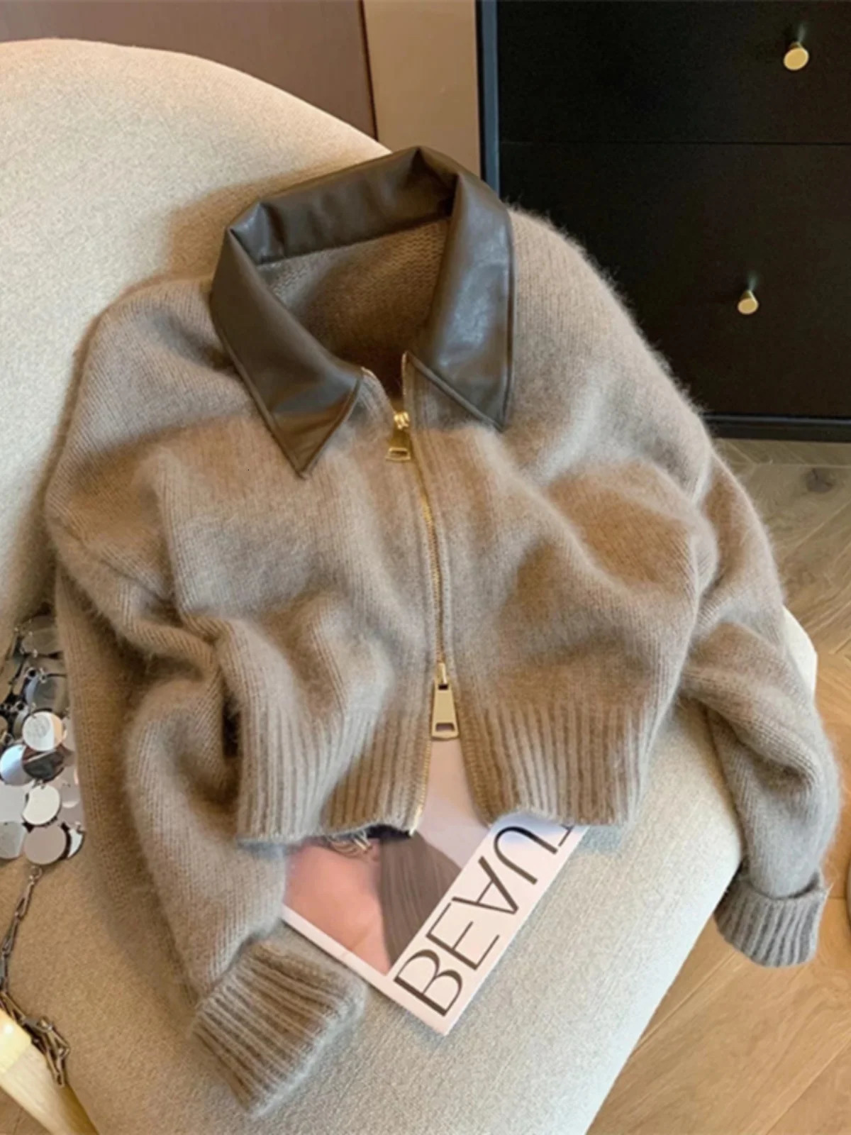 Spliced Leather Collar Knit Sweater Fashion Double Zipper Cardigan Womens AutumnWinter Soft Vintage Long Sleeve Streetwear 241025