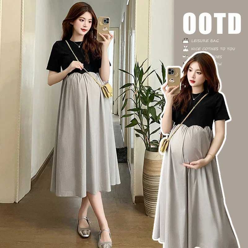 French style pregnant womens elegant dress plus size long sleeved O-neck high waisted pregnant womens A-Line dress loose dress W241026