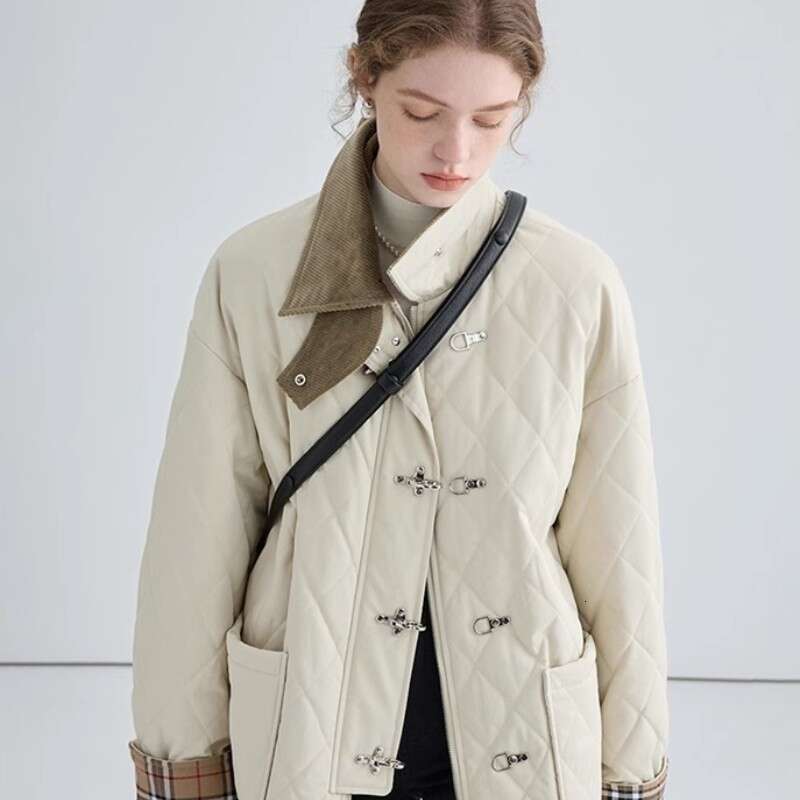 Square Collar Aircraft Button For Women In 2023 Winter Design, With A Patchwork Dia Checkered Cotton Jacket