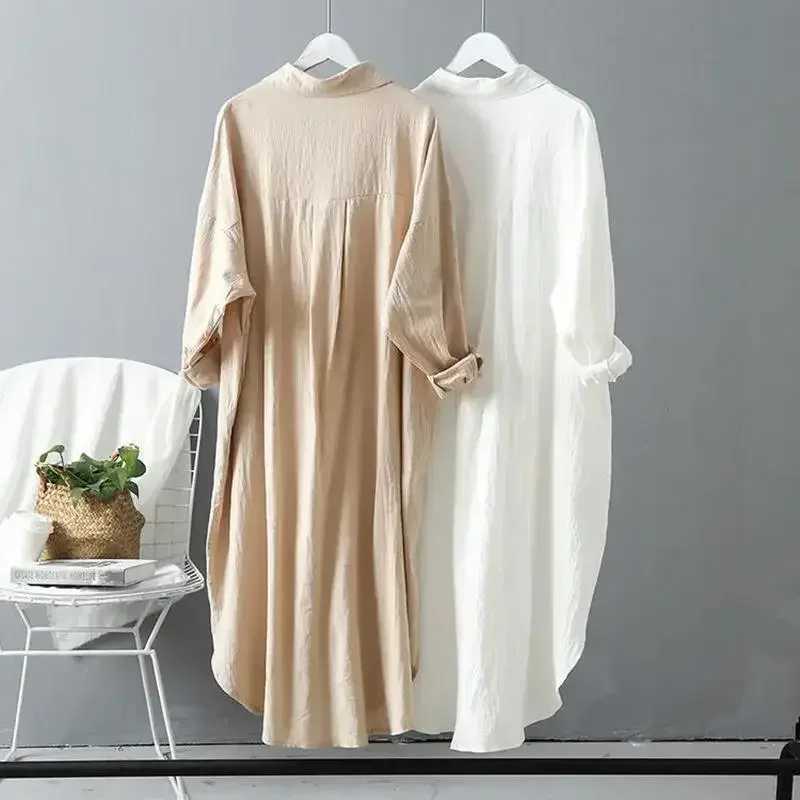 Womens Changbai shirt linen cotton 2024 spring/summer casual Korean clothing retro oversized Midi robe W241026