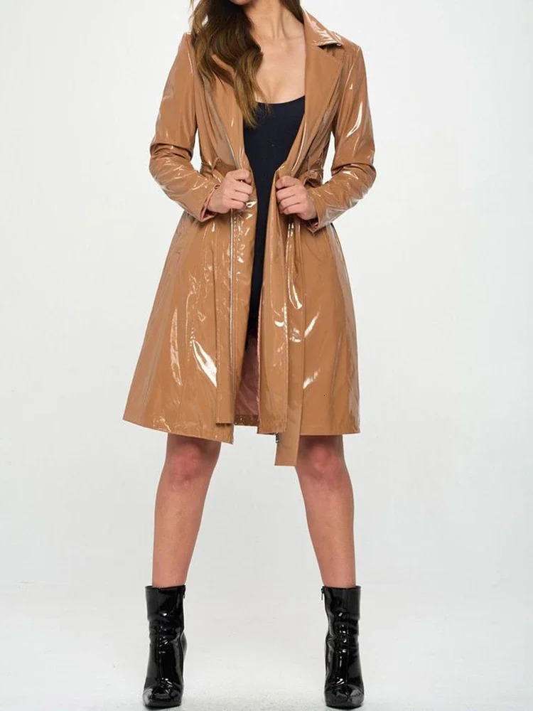 Elegant and shiny patent leather trench coat womens fashionable long sleeved jacket with pockets synthetic latex PVC zipper jacket customized 241025