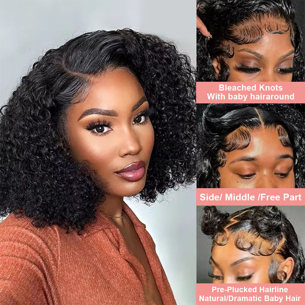 13x4 Glueless Short Bob Kinky Curly Human Hair Wigs for Black Women PrePlucked Transparent Deep Wave Frontal Wig Brazilian