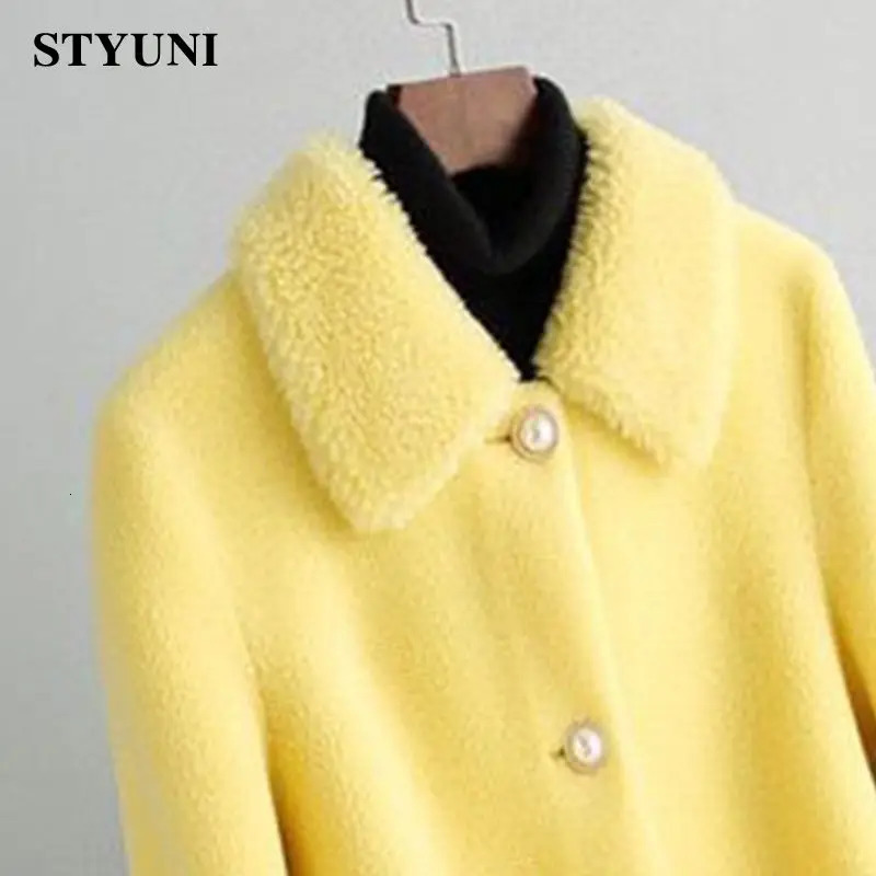 Yellow Solid Thick Woolen Long Sleeve High Waist With Belt Buttons Jacket Wool Blends Korean Fashion Coat Winter 2023 241025