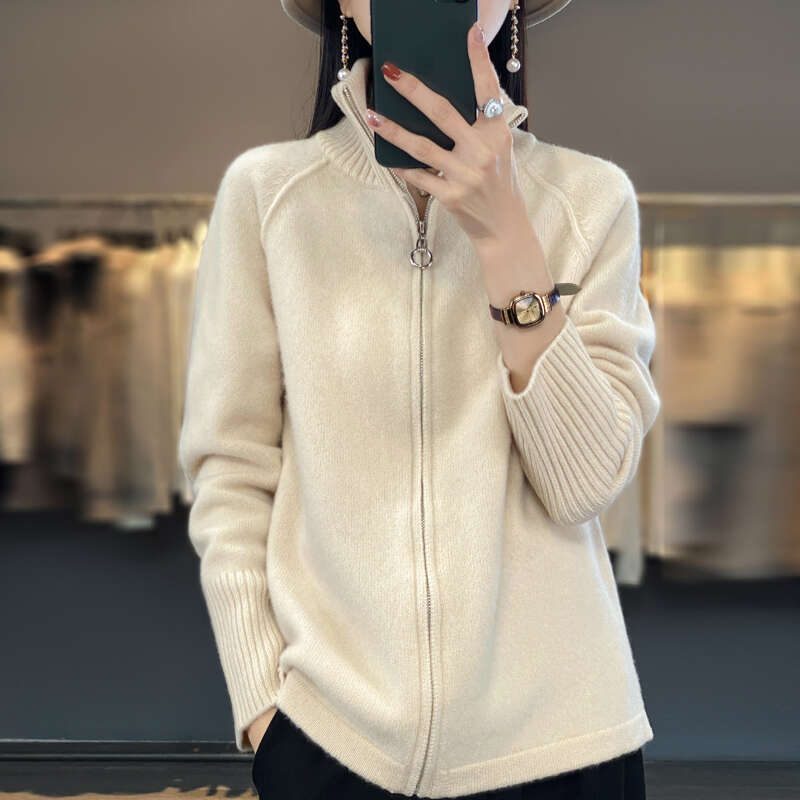 2024 New Chic Zipper Cardigan Spring Autumn Warm Long Sleeve 100% Merino Wool Fashion Knit Sweater Women Coat