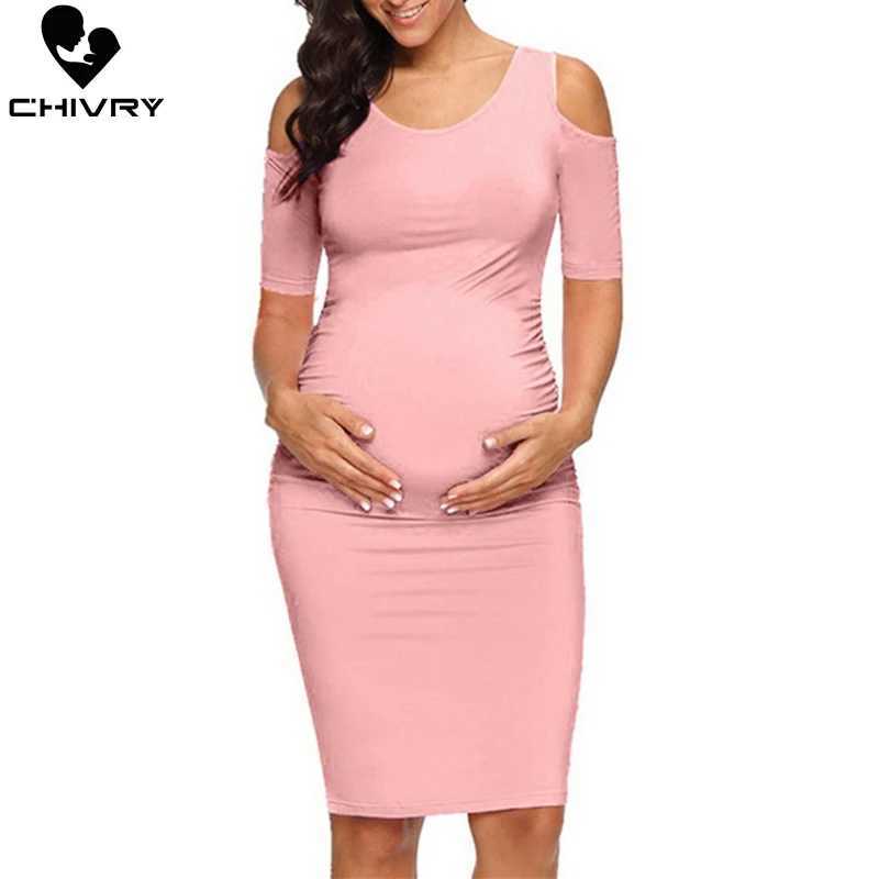 Chivry new pregnant womens dress mothers dress O-neck solid sexy shoulder body pregnant womens casual dress W241026