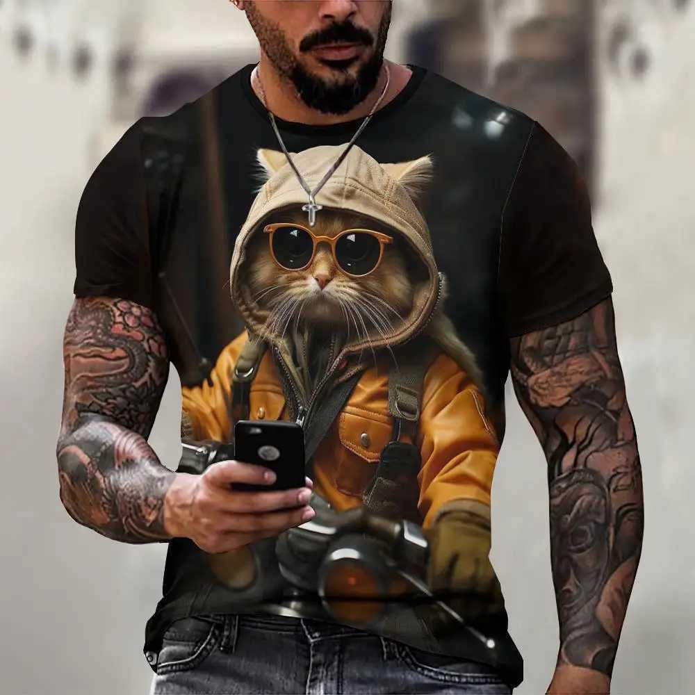 Casual mens T-shirt with stray cat pattern printed T-shirt loose short sleeved T-shirt oversized mens clothing top summer T-shirt W241026