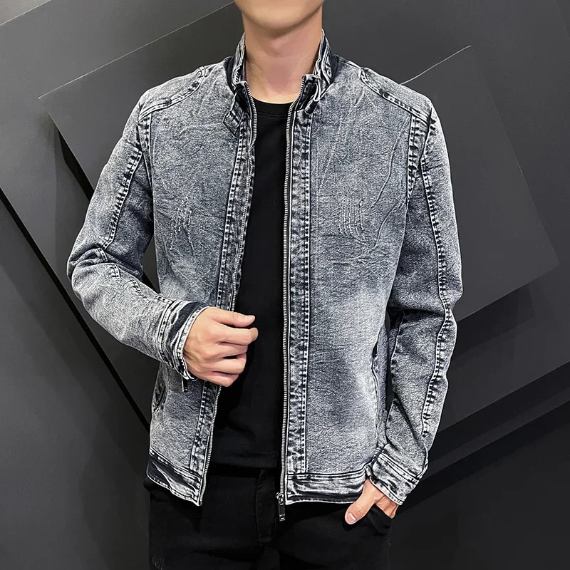 2023 Spring and Autumn Fashion Jean Jackets for Men Stand Collar Zipper Denim Coats Retro Simple Slim Casual Jacke 241025