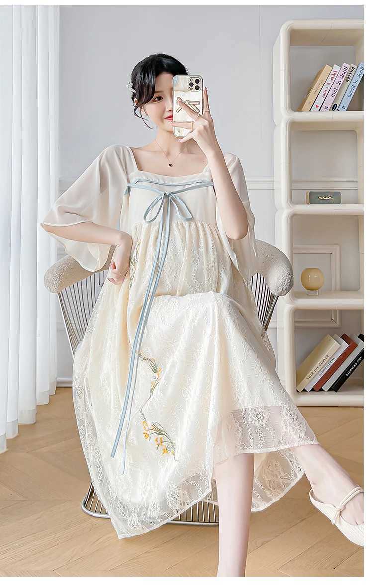 Summer Chinese Embroidered Lace Dress for Pregnant Women Hanfu Pregnant Womens Dress Sweet Square Neck Pregnant Womens Holiday Dress W241026