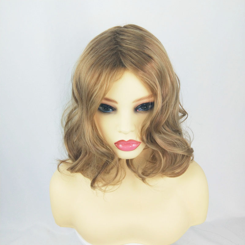 Wig women's short curly hair middle parted pear flower perm golden short hair full head wig
