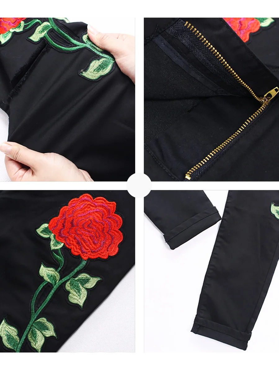 2102 Youaxon Black Embroidery Ripped Knees Jeans Women's High Waist Stretchy Denim Pants Skinny Pencil Woman 241025