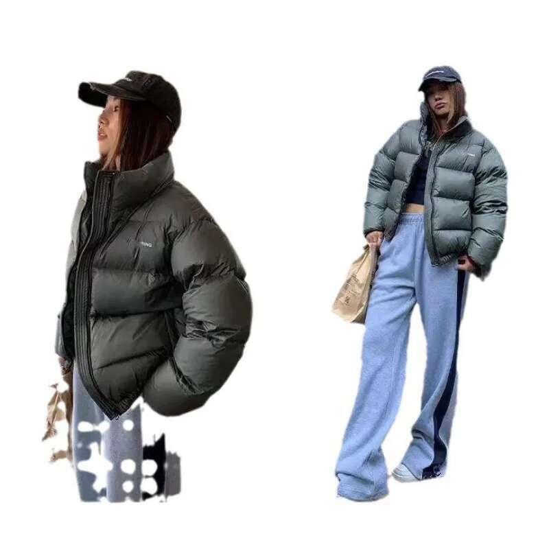 2024 Winter New Style American Cropped White Goose Down Women's Thickened Stand Collar Puffer Jacket Anti-Cold Coat