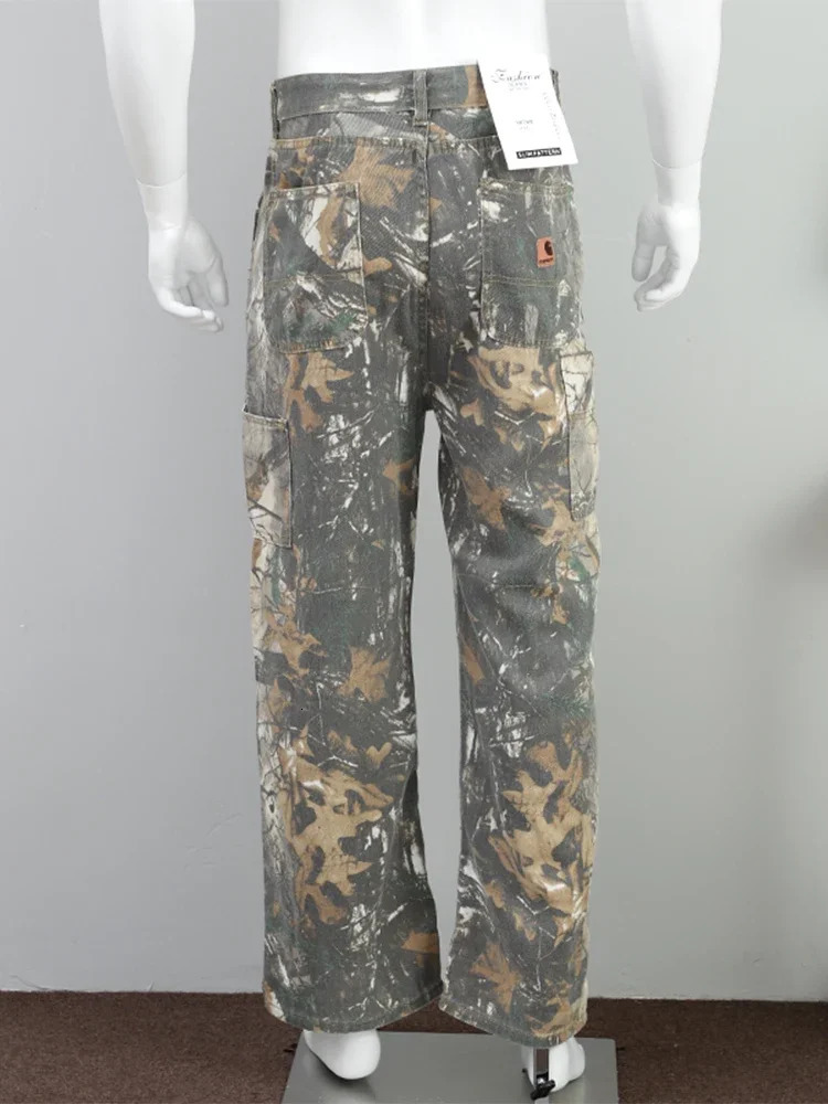 Fashion Street Camouflage Printed Straight Pants Mens Vintage Washed Wide Leg Trousers Male Summer Amrican Casual Beach Jeans 241025