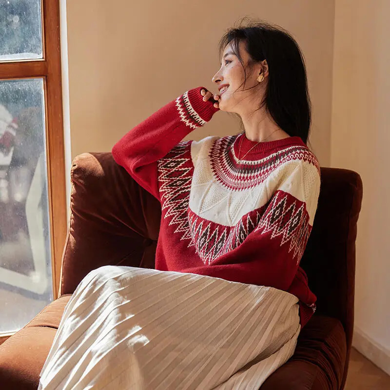 REDDACHiC Jacquard Retro Women Fair Isle Sweater Oneck Pullover Long Sleeves Loose Casual Jumper Top Christmas Winter Knitwear 241025