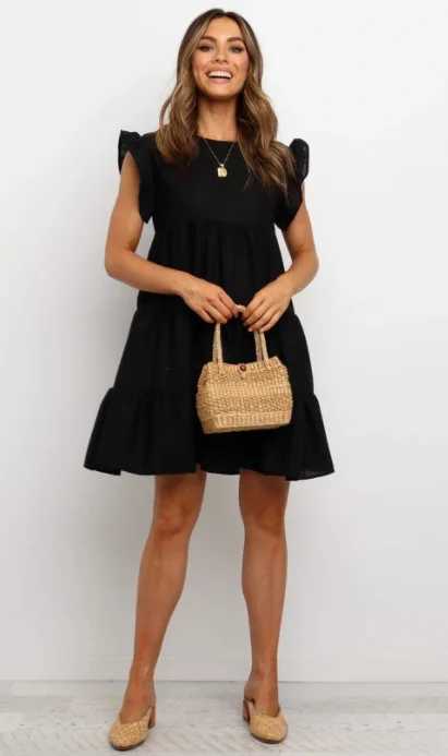 Summer ruffled maternity dress plain weave womens dress O-neck casual loose dress butterfly sleeves short sleeved maternity dress W241026