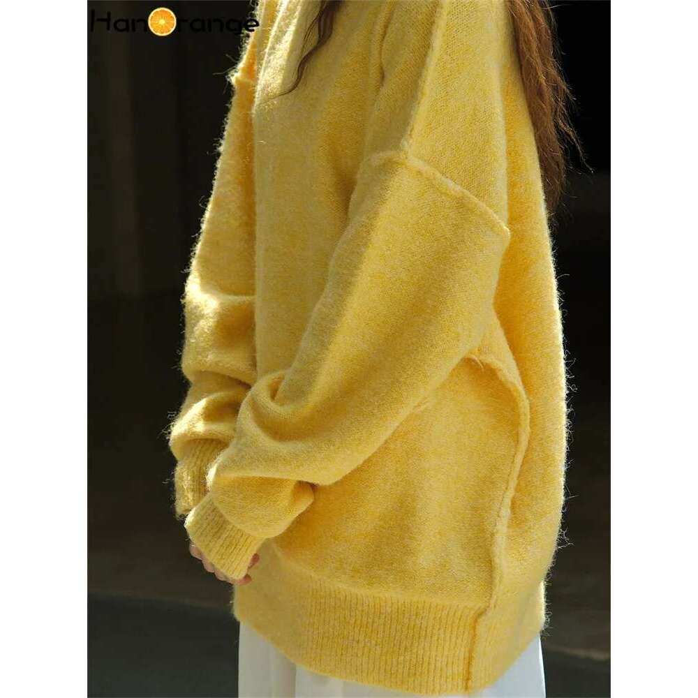 Hanorange 2024 Autumn Winter Lazy Pullover Wool Sweater Women Loose Silhouette Warm Comfortable Knitting Top Yellow/Blue