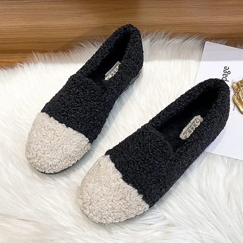 Mixed Color Curly Wool Fur Moccasins Womens Fur Apartment Ins Plush Winter Shoes Womens Thick Bottom Wool Coat Plus Size 34-43 241024