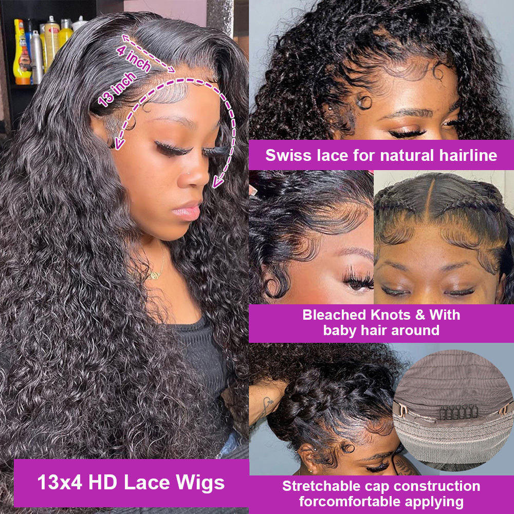 30 40 Inch Deep Wave 13x4 13x6 HD Frontal Wigs Water Curly Human Hair Lace Front Wig For Women 250%