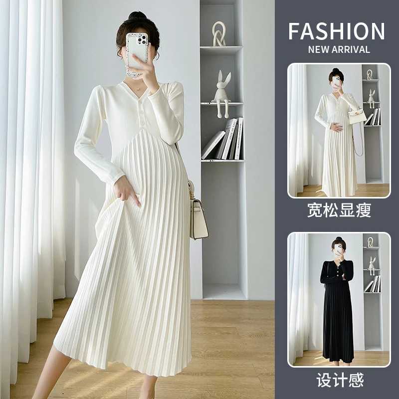 732# Autumn/Winter Warm Knitted Pregnant Long Dress Elegant A-line Ultra Thin Loose Pregnant Sweater W241026